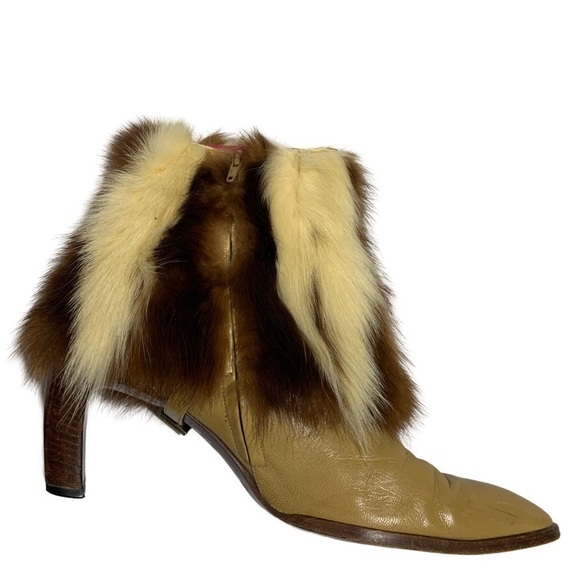 Fendi Women's Ankle Boots Beige Brown Leather & Fur Trim Side Zipper  Size 10 - Picture 6 of 9